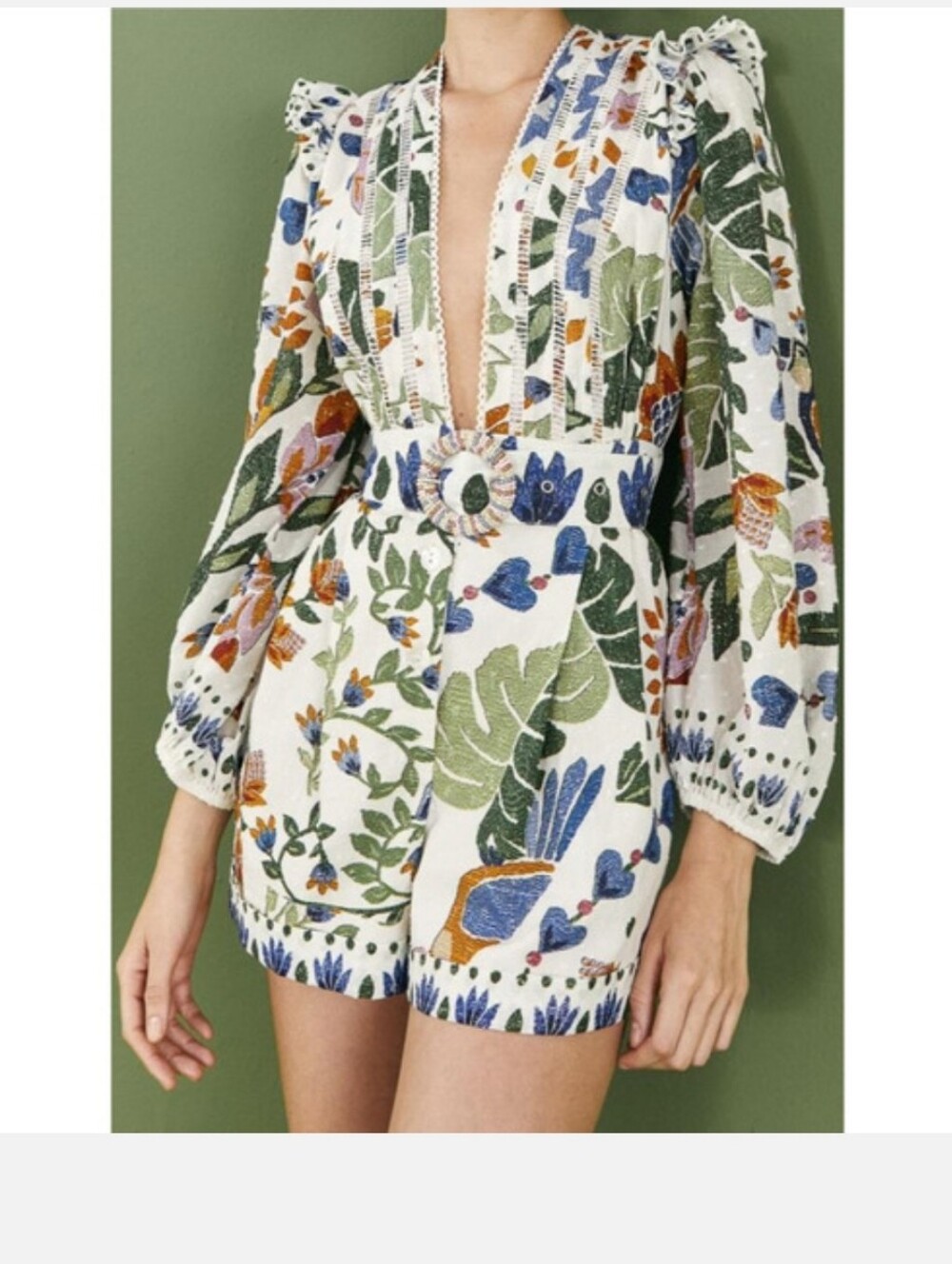 FARM RIO White Summer Garden Romper Floral Print Blouson Long Sleeve XS